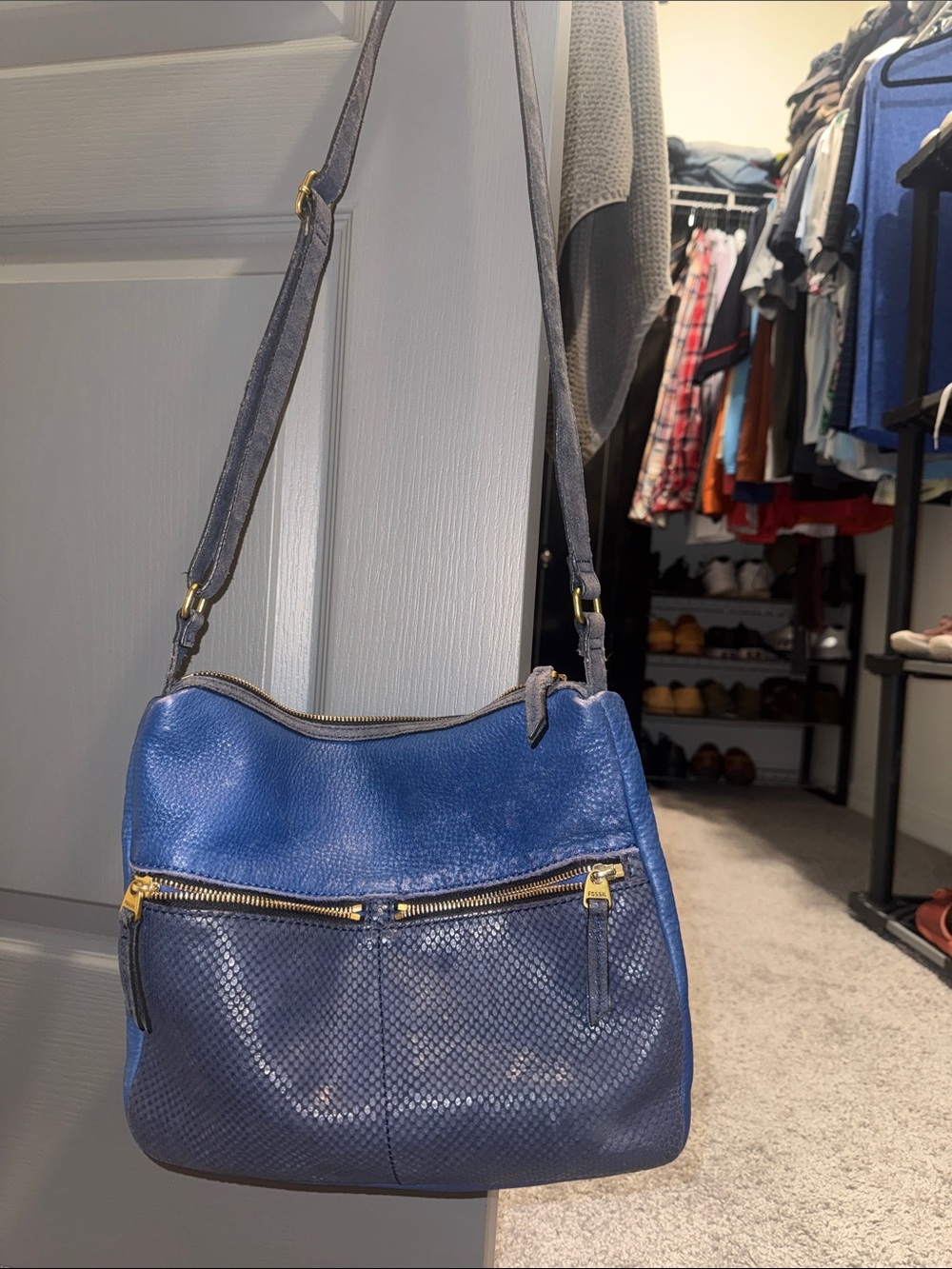 Fossil Navy Blue Leather Messenger Crossbody with Gold Zippers